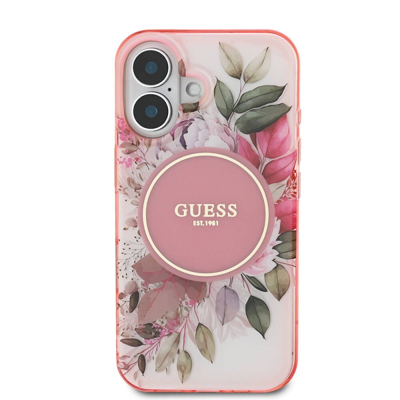 Apple iPhone 16 Plus Kılıf Guess Orjinal Lisanslı Magsafe Şarj Özellikli IML Baskılı Yazı Logolu Flower Tonal Circle Kapak