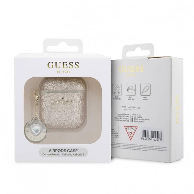 Apple Airpods Kılıf Guess Orjinal Lisanslı Glitter Elmas Kalp Süs Zincirli Kapak