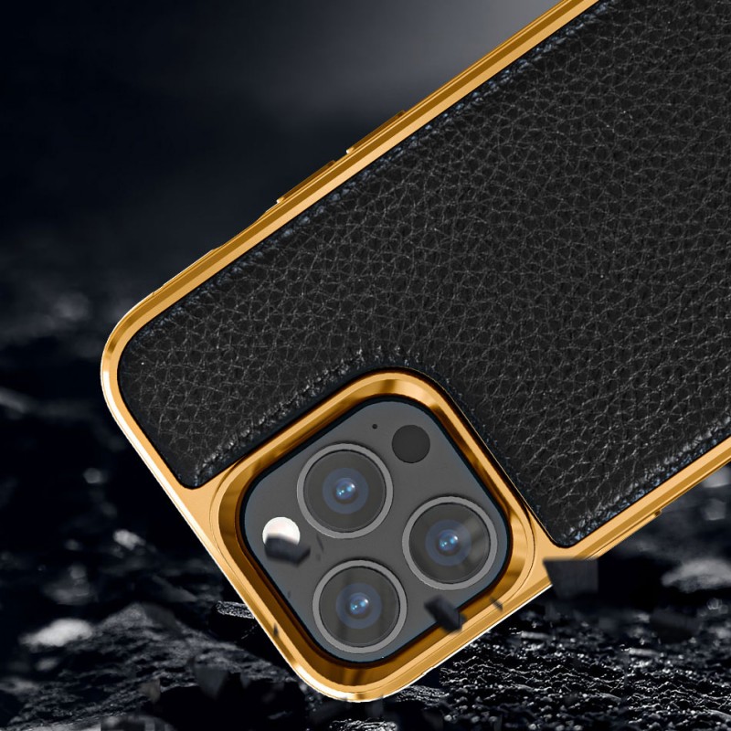 Apple iPhone 13 Pro Kılıf Wiwu Genuine Leather Gold Calfskin Orjinal Deri Kapak