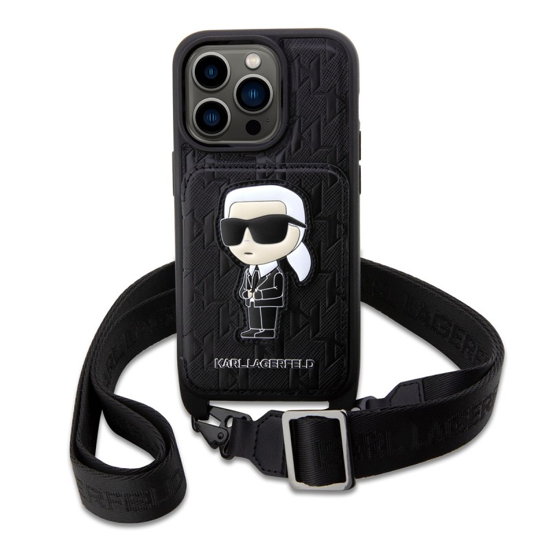 Apple iPhone 14 Pro Kılıf Karl Lagerfeld Boyun Askılı Kartlıklı Karl Dizayn Kapak