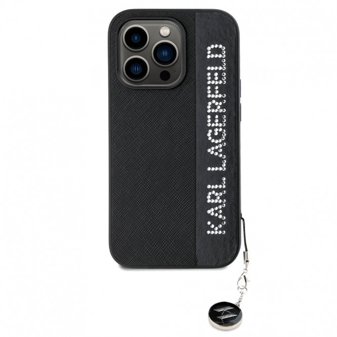 Apple iPhone 14 Pro Max Kılıf Karl Lagerfeld Orjinal Lisanslı Anahtarlıklı Taşlı KL Yazılı Saffiano Rhinestones Kapak