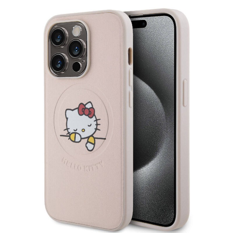 Apple iPhone 15 Pro Kılıf Hello Kitty Orjinal Lisanslı Magsafe Şarj Özellikli Baskı Logolu Uyuyan Kitty Deri Kapak