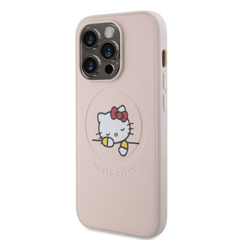 Apple iPhone 15 Pro Kılıf Hello Kitty Orjinal Lisanslı Magsafe Şarj Özellikli Baskı Logolu Uyuyan Kitty Deri Kapak