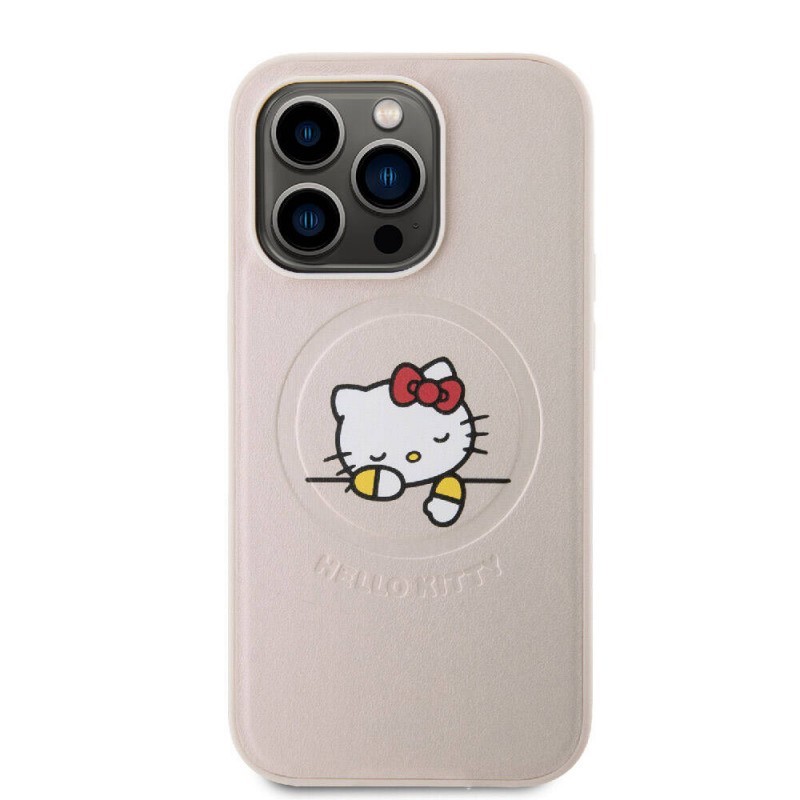 Apple iPhone 15 Pro Kılıf Hello Kitty Orjinal Lisanslı Magsafe Şarj Özellikli Baskı Logolu Uyuyan Kitty Deri Kapak