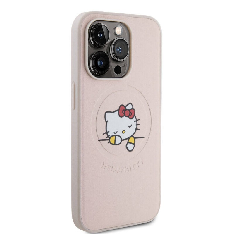 Apple iPhone 15 Pro Kılıf Hello Kitty Orjinal Lisanslı Magsafe Şarj Özellikli Baskı Logolu Uyuyan Kitty Deri Kapak