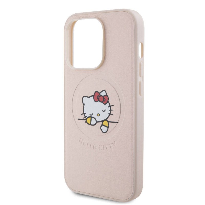 Apple iPhone 15 Pro Kılıf Hello Kitty Orjinal Lisanslı Magsafe Şarj Özellikli Baskı Logolu Uyuyan Kitty Deri Kapak