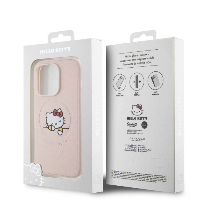 Apple iPhone 15 Pro Kılıf Hello Kitty Orjinal Lisanslı Magsafe Şarj Özellikli Baskı Logolu Uyuyan Kitty Deri Kapak