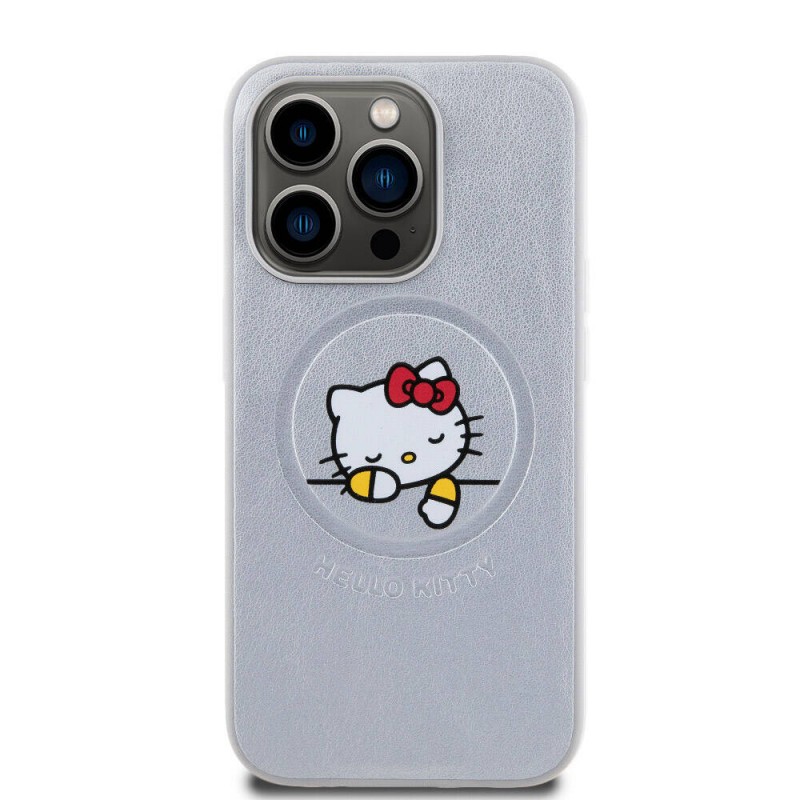 Apple iPhone 15 Pro Kılıf Hello Kitty Orjinal Lisanslı Magsafe Şarj Özellikli Baskı Logolu Uyuyan Kitty Deri Kapak