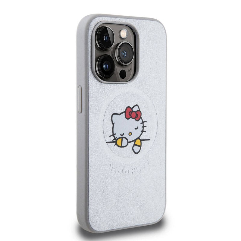 Apple iPhone 15 Pro Kılıf Hello Kitty Orjinal Lisanslı Magsafe Şarj Özellikli Baskı Logolu Uyuyan Kitty Deri Kapak