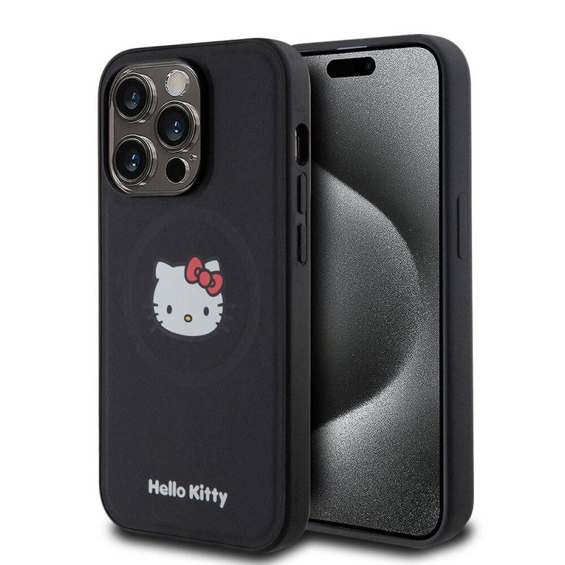 Apple iPhone 15 Pro Kılıf Hello Kitty Orjinal Lisanslı Magsafe Şarj Özellikli Kitty Head Deri Kapak