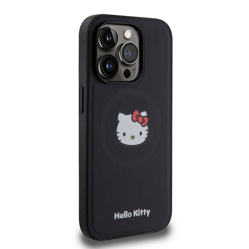 Apple iPhone 15 Pro Kılıf Hello Kitty Orjinal Lisanslı Magsafe Şarj Özellikli Kitty Head Deri Kapak