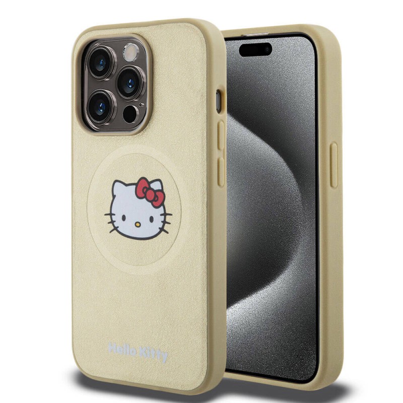 Apple iPhone 15 Pro Kılıf Hello Kitty Orjinal Lisanslı Magsafe Şarj Özellikli Kitty Head Deri Kapak