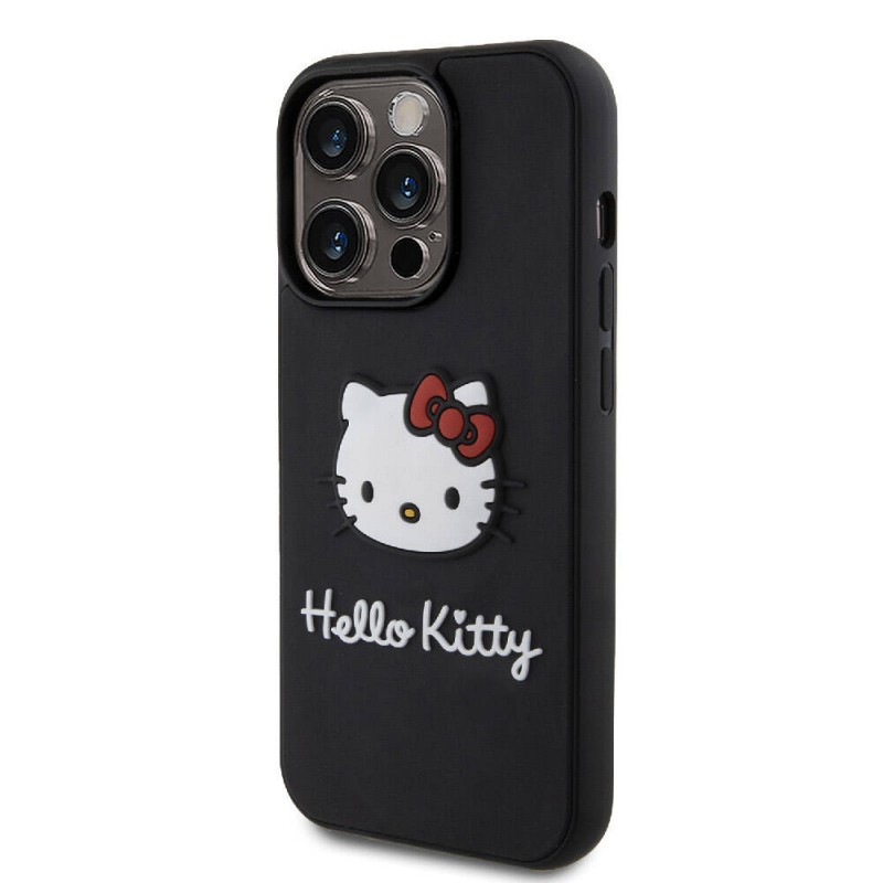 Apple iPhone 15 Pro Kılıf Hello Kitty Orjinal Lisanslı Yazı ve İkonik Logolu 3D Rubber Kitty Head Kapak