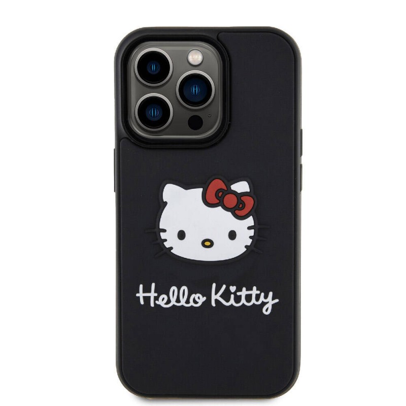 Apple iPhone 15 Pro Kılıf Hello Kitty Orjinal Lisanslı Yazı ve İkonik Logolu 3D Rubber Kitty Head Kapak