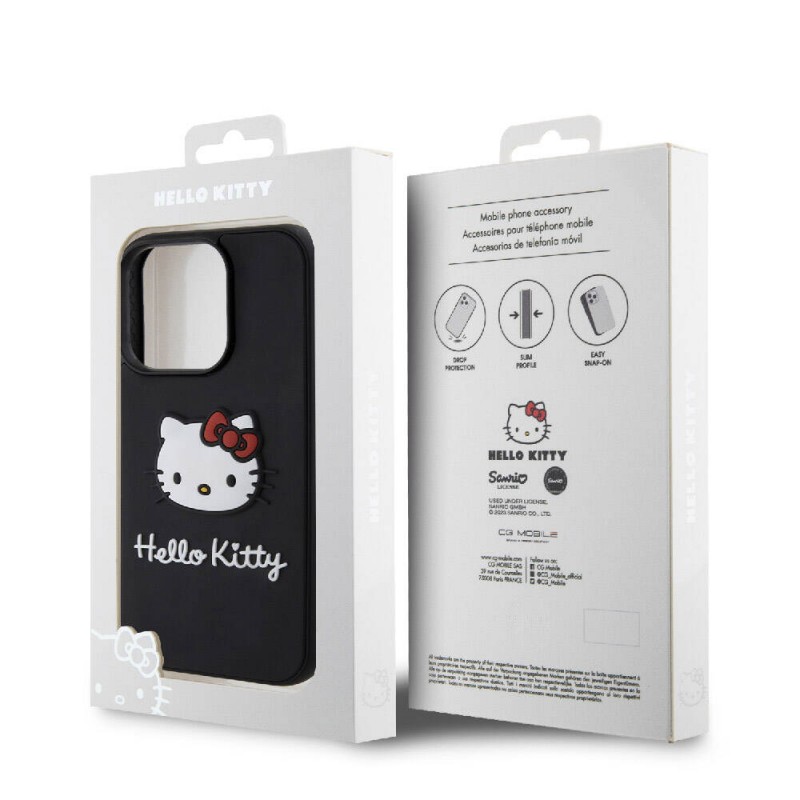 Apple iPhone 15 Pro Kılıf Hello Kitty Orjinal Lisanslı Yazı ve İkonik Logolu 3D Rubber Kitty Head Kapak