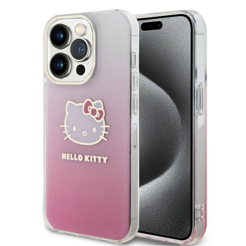 Apple iPhone 15 Pro Kılıf Hello Kitty Orjinal Lisanslı Yazı ve İkonik Logolu Elektroplating Kaplama Gradyan Kapak