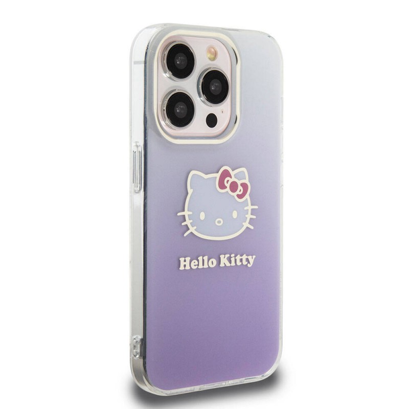 Apple iPhone 15 Pro Kılıf Hello Kitty Orjinal Lisanslı Yazı ve İkonik Logolu Elektroplating Kaplama Gradyan Kapak