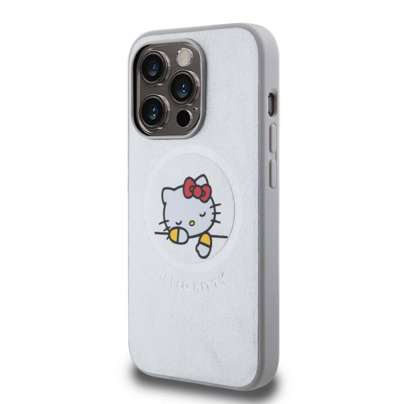 Apple iPhone 15 Pro Max Kılıf Hello Kitty Orjinal Lisanslı Magsafe Şarj Özellikli Baskı Logolu Uyuyan Kitty Deri Kapak