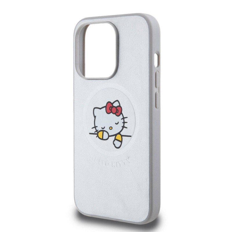 Apple iPhone 15 Pro Max Kılıf Hello Kitty Orjinal Lisanslı Magsafe Şarj Özellikli Baskı Logolu Uyuyan Kitty Deri Kapak