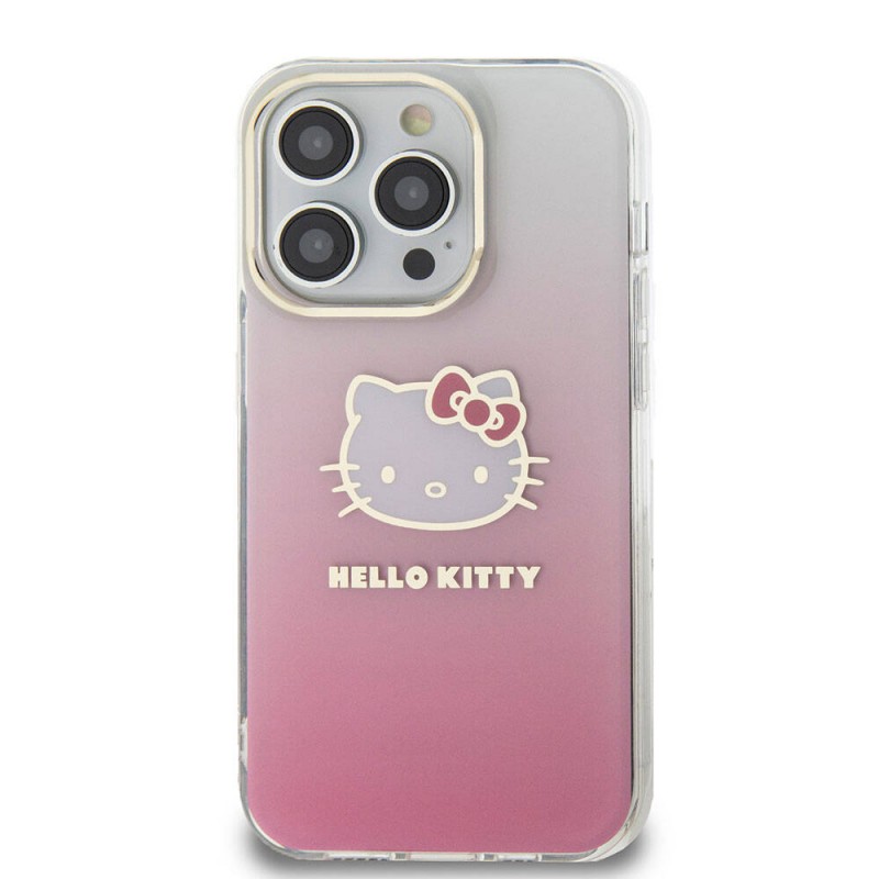 Apple iPhone 15 Pro Max Kılıf Hello Kitty Orjinal Lisanslı Yazı ve İkonik Logolu Elektroplating Kaplama Gradyan Kapak