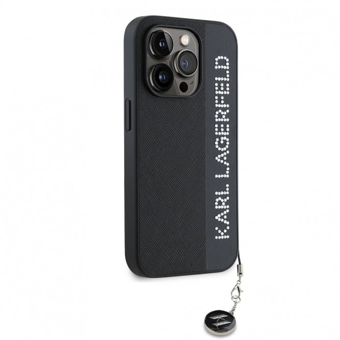 Apple iPhone 15 Pro Max Kılıf Karl Lagerfeld Orjinal Lisanslı Anahtarlıklı Taşlı KL Yazılı Saffiano Rhinestones Kapak