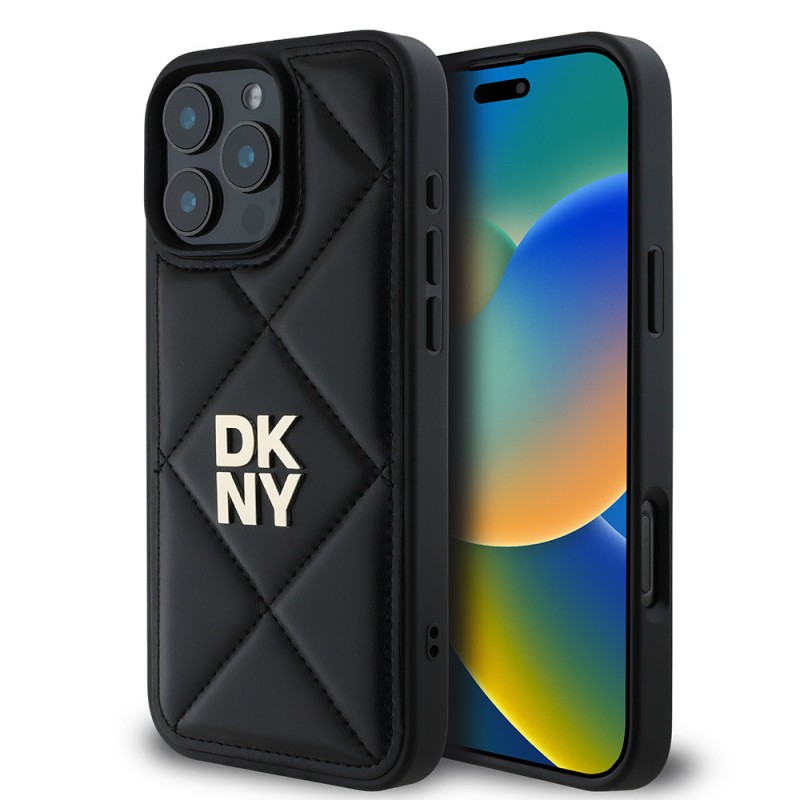 Apple iPhone 16 Pro Kılıf DKNY Orjinal Lisanslı Kapitone Tasarımlı Metal Logolu Deri Kapak