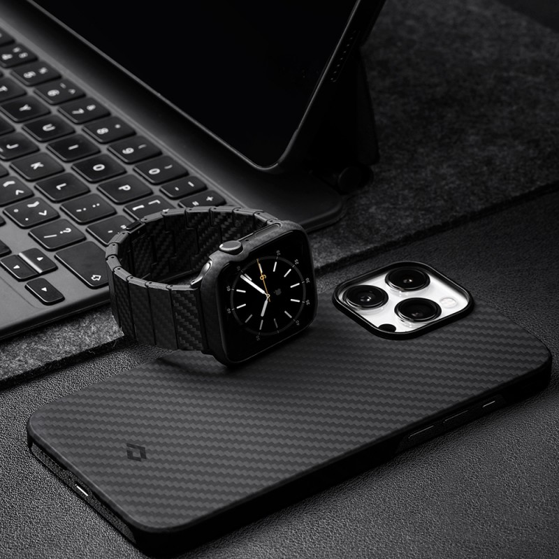 Apple Watch 7 45mm 600D Aramid Fiber Classic Serisi Black-Grey Twill Kasa Koruyucu Pitaka Air Case