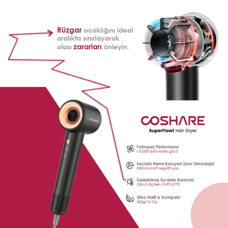 Coshare HD10E SuperFlow1 İyon Teknolojili Isı Dereceli Led Işıklı Saç Kurutma Fön Makinesi