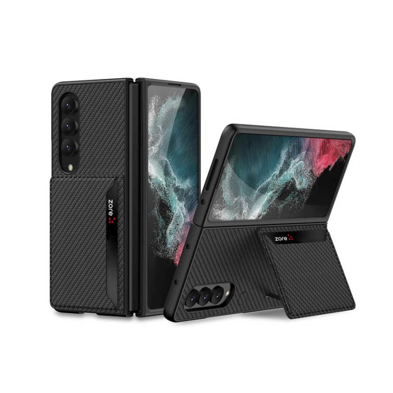 Galaxy Z Fold 4 Kılıf Karbonfiber Arka Yüzey Zore Kartlıklı Kıpta Silikon Kapak