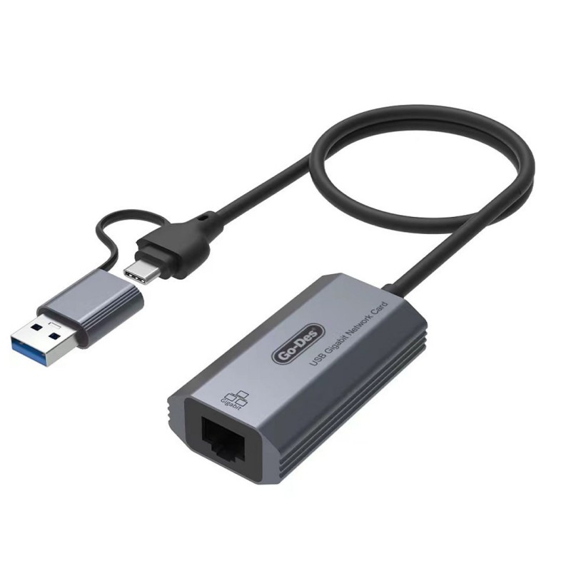 Go Des GD-6836 RJ45 to Type-C ve USB-A Gigabit Ethernet Dönüştürücü Kablo 1000Mbps 50cm