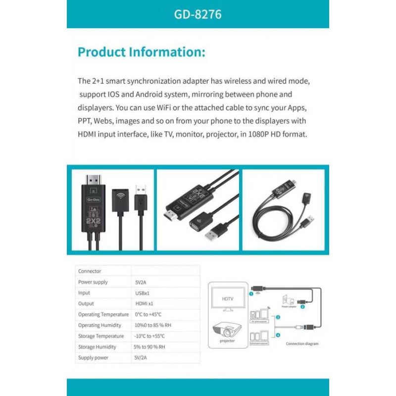 Go Des GD-8276 Wireless Display Dongle Phone Full HDTV Kablo