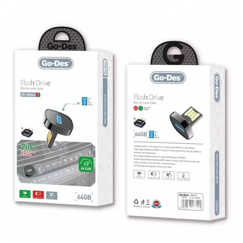 Go Des GD-GB066 2 in 1 Led Işıklı Araç İçi Mini Flash Disk 64 Gb Type-C OTG Hediyeli