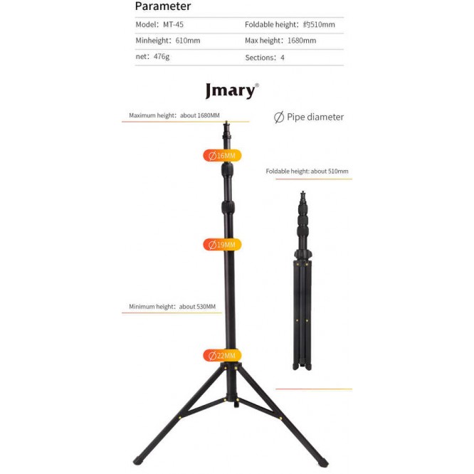 Jmary MT-45 Tripod 168 cm 360 Derece Dönebilen Başlık 3 Kademeli Yükseklik Ayarı