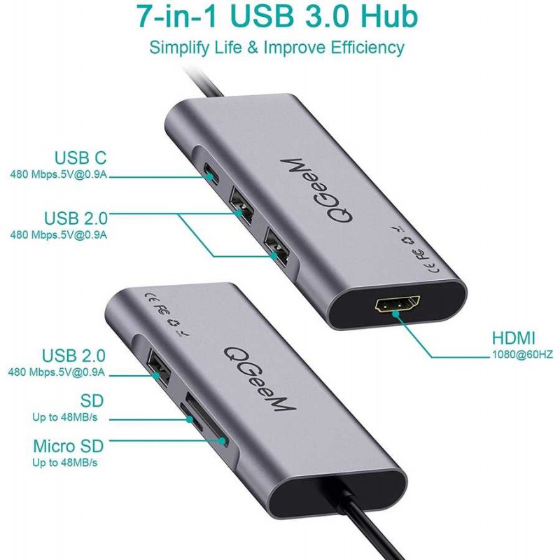 Qgeem QG-UH07-A Type-C Çoğaltıcı ve Dönüştürücü Hub Usb 3.0 HDMI 4K SD Kart 85W 5120Mbps