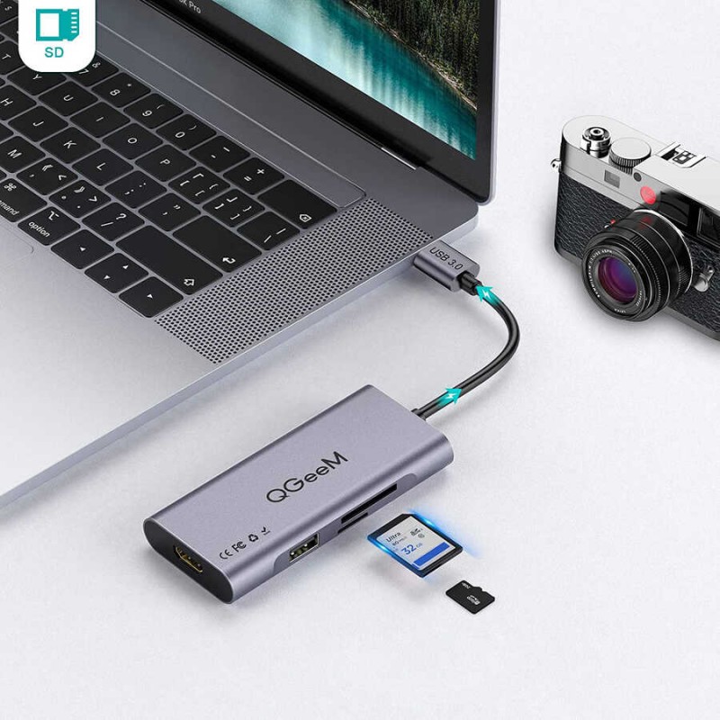 Qgeem QG-UH07-A Type-C Çoğaltıcı ve Dönüştürücü Hub Usb 3.0 HDMI 4K SD Kart 85W 5120Mbps