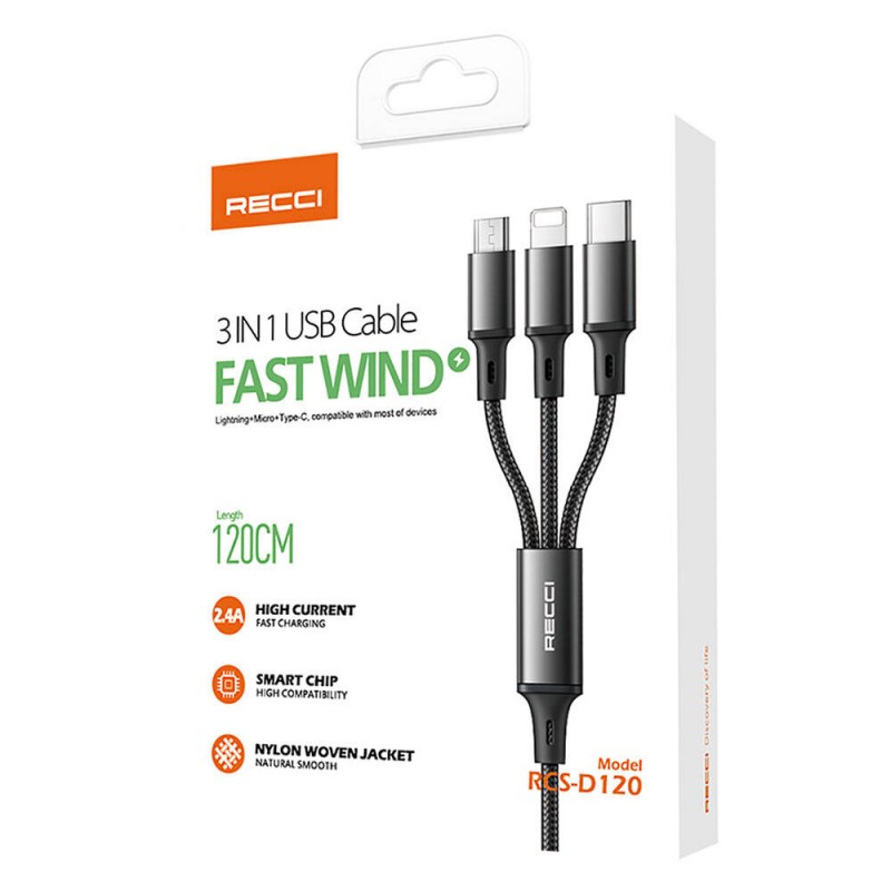 Recci RCS-D120 Fast Wind Serisi 3in1 USB-A to Lightning – Type-C – Micro Şarj ve Data Kablosu 1.2M