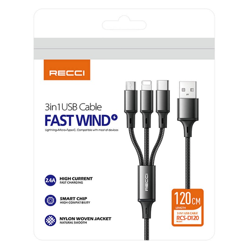 Recci RCS-D120 Fast Wind Serisi 3in1 USB-A to Lightning – Type-C – Micro Şarj ve Data Kablosu 1.2M