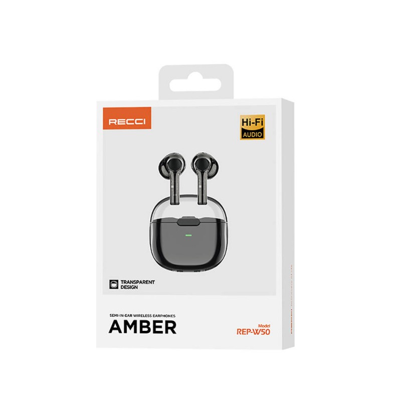 Recci REP-W50 Şeffaf Tasarım Hi-Fi Ses Kaliteli Bluetooth v.5.3 Amber Serisi Kulak İçi Kulaklık