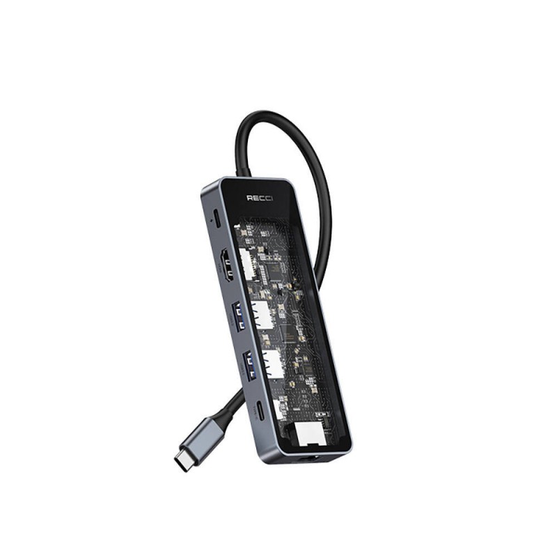 Recci RH17 Type-C to Type-C PD100W + USB3.0 + HDMI + Type-C + RJ45 Bağlantılı 6in1 Hub