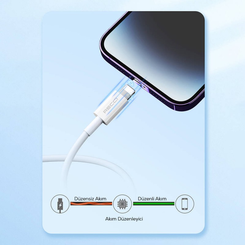 Recci RS06L USB-A to Lightning 2.4A Hızlı Şarj Özellikli Data ve Şarj Kablosu 1M