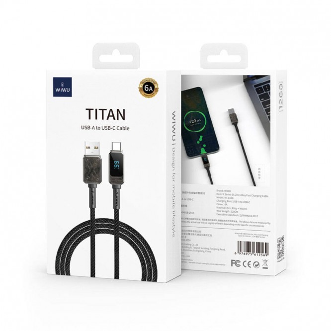 Wiwu Wi-C038 Titan Serisi USB-A to Type-C 6A 66W LED Dijital Göstergeli Şarj ve Data Kablosu 1.2M