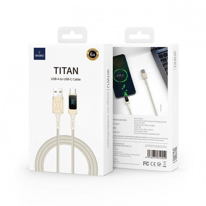 Wiwu Wi-C038 Titan Serisi USB-A to Type-C 6A 66W LED Dijital Göstergeli Şarj ve Data Kablosu 1.2M