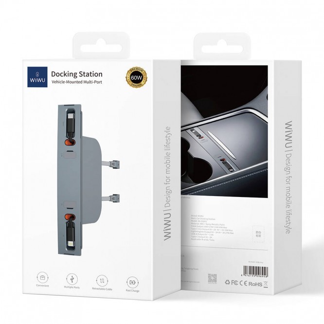 Wiwu Wi-DS001 Tesla Uyumlu Type-C Lightning USB-A Akıllı Araç İçi Şarj İstasyonu 60W