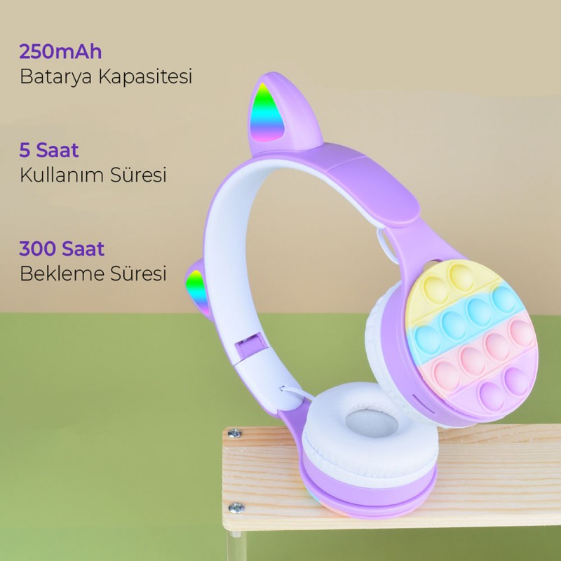 Zore B30 RGB Led Işıklı Kedi Kulağı Band Tasarımı Ayarlanabilir Katlanabilir Kulak Üstü Bluetooth Kulaklık