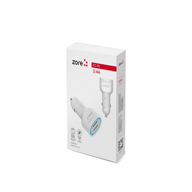 Zore CC-01 Hızlı Şarj Özellikli LED Işıklı Dual USB Araç Şarj Başlığı 18W