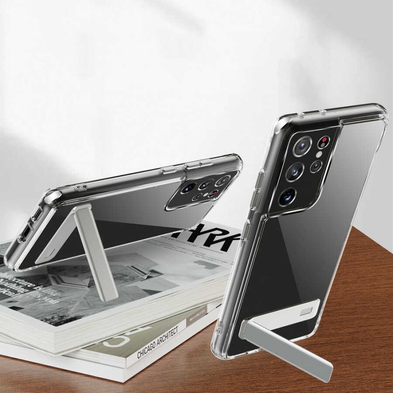 Galaxy S21 Ultra Kılıf Standlı Şeffaf Silikon Zore L-Stand Kapak